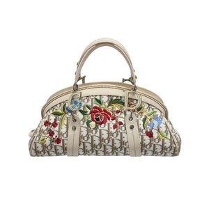 Christian Dior Trotter Handbag Floral Flower Embroidery Beige Tan Canvas